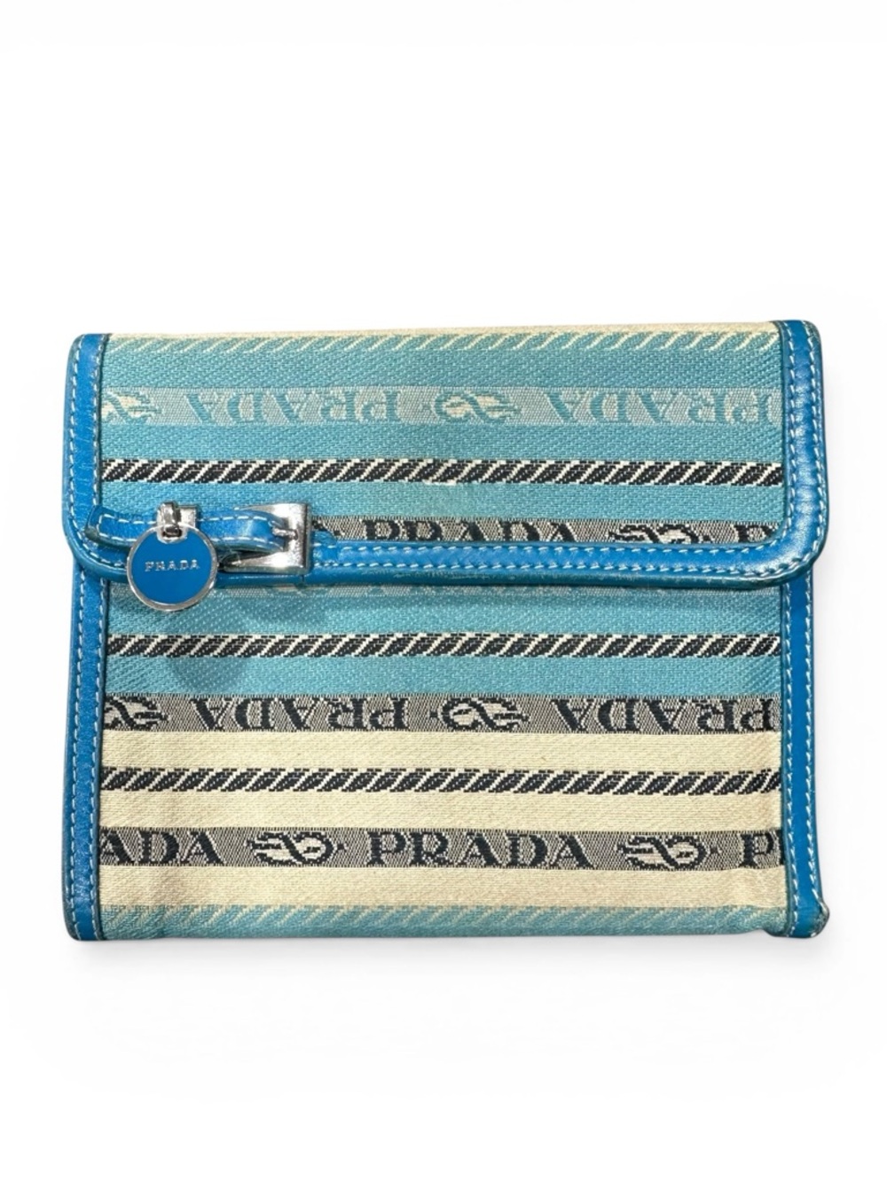 Prada Blue & Cream Embroidered Canvas & Skinny Belt Leather Trifold Wallet